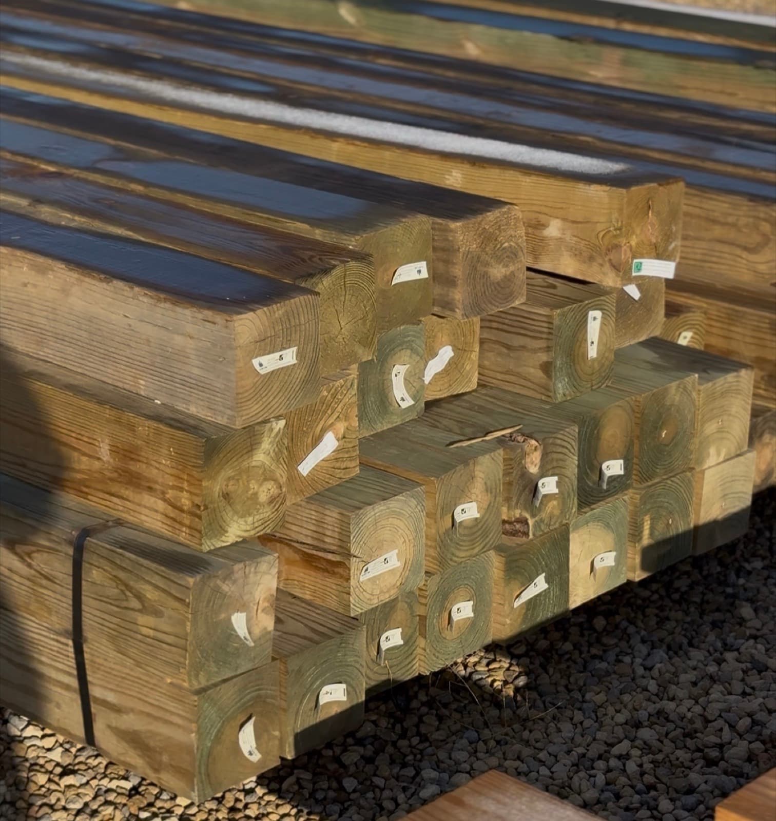 Stacked CCA-treated 6x6 posts for post frame construction at HRI Supply Ponca City, OK